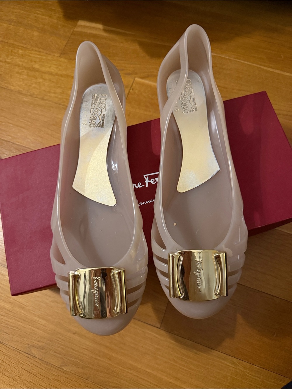 Salvatore Ferragamo Blush Jelly Flats with Gold Vara Bow